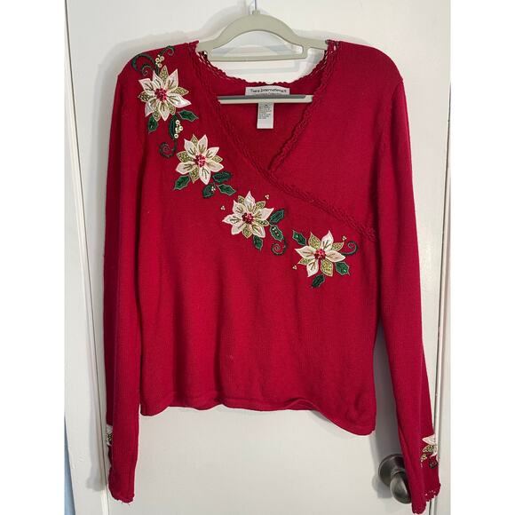 Vintage Tiara International Christmas Sweater Medium Poinsettia Boho Embroidered - Picture 1 of 5